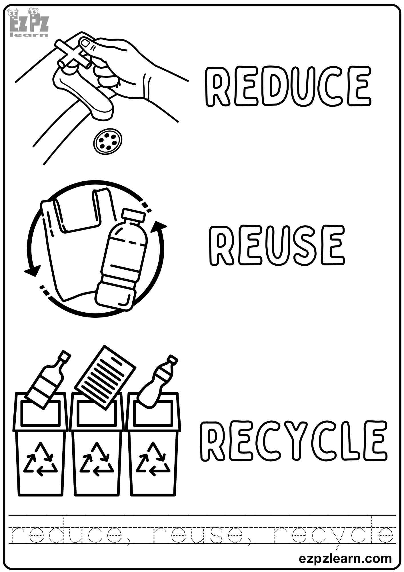 Earth Day Reduce, Reuse and Recycle Coloring Activity for Kids Free